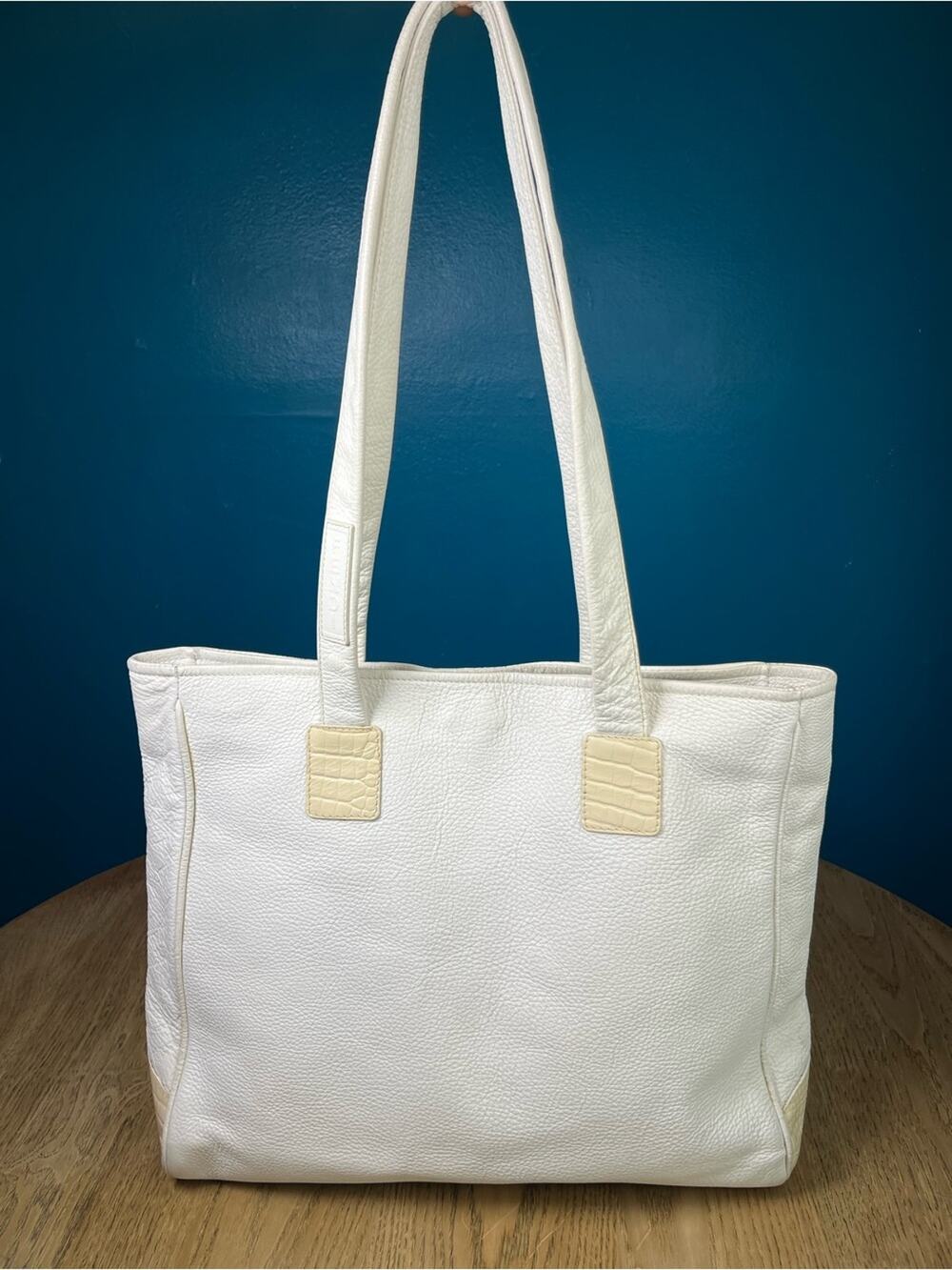 FENDI Vintage 90s Croc Embossed Leather Tote Bag Pebbled Cream Ivory Calfskin